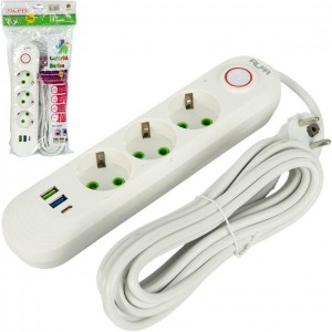 Подовжувач електричний на 3шт/5м +2USB +1Type-C з вимикачем A03USB-5M