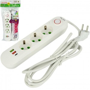 Подовжувач електричний на 3шт/3м +2USB +1Type-C з вимикачем A03USB-3M