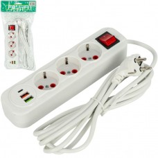 Електричний подовжувач на 3шт/3м та 2 USB+1Type-C з вимикачем 0313USB-3M Електричний подовжувач на 3шт/3м та 2 USB+1Type-C з вимикачем 0313USB-3M