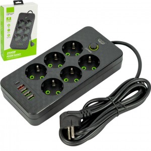 Мережевий фільтр подовжувач 3м на 6 розеток з 4 USB + 1 Type-C і кнопкою EU250U-3M