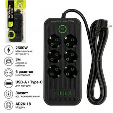 Мережевий подовжувач на 6 розеток + USB-A/Type-C, 3 м, 2500W, чорний AD26-18 Мережевий подовжувач на 6 розеток + USB-A/Type-C, 3 м, 2500W, чорний AD26-18