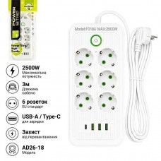 Мережевий подовжувач на 6 розеток + USB-A/Type-C, 3 м, 2500W, білий AD26-19 Мережевий подовжувач на 6 розеток + USB-A/Type-C, 3 м, 2500W, білий AD26-19