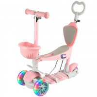 Самокат дитячий 5 в 1 із сидінням та батьківською ручкою, з LED колесами, до 50 кг 0077-PINK